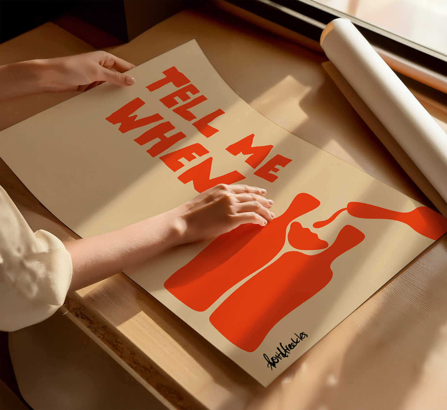 Close-up of playful wine quote poster with warm lighting