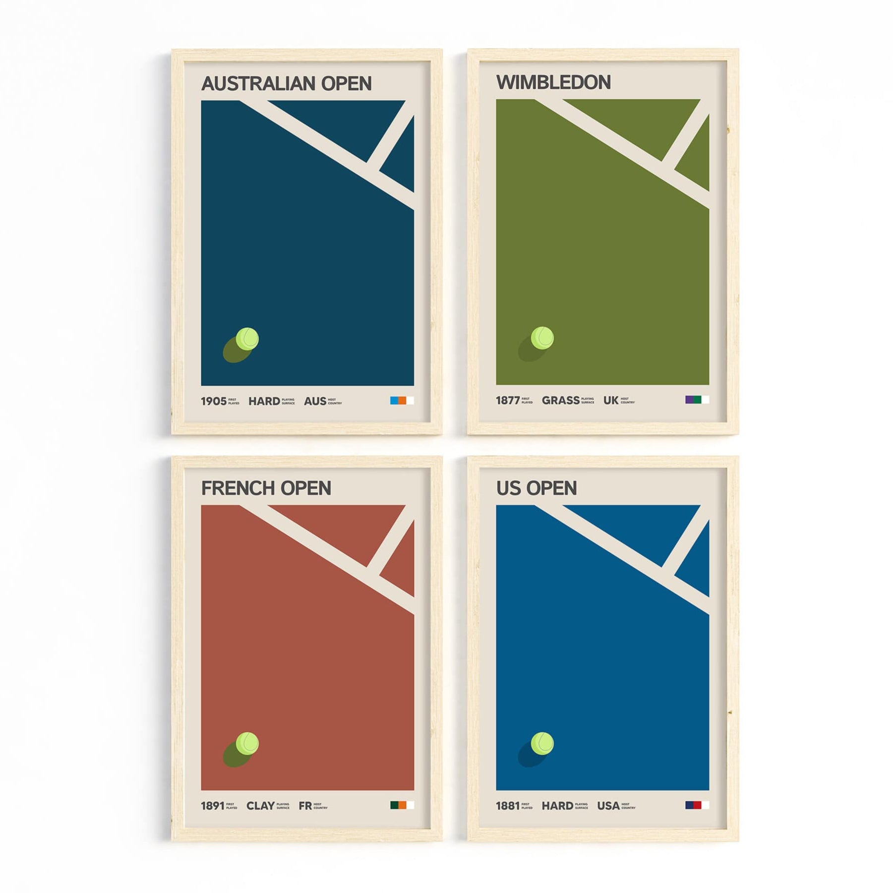 Tennis Grand Slam Poster Set – Wimbledon, US Open, Roland Garros and Australian Open Art Prints
