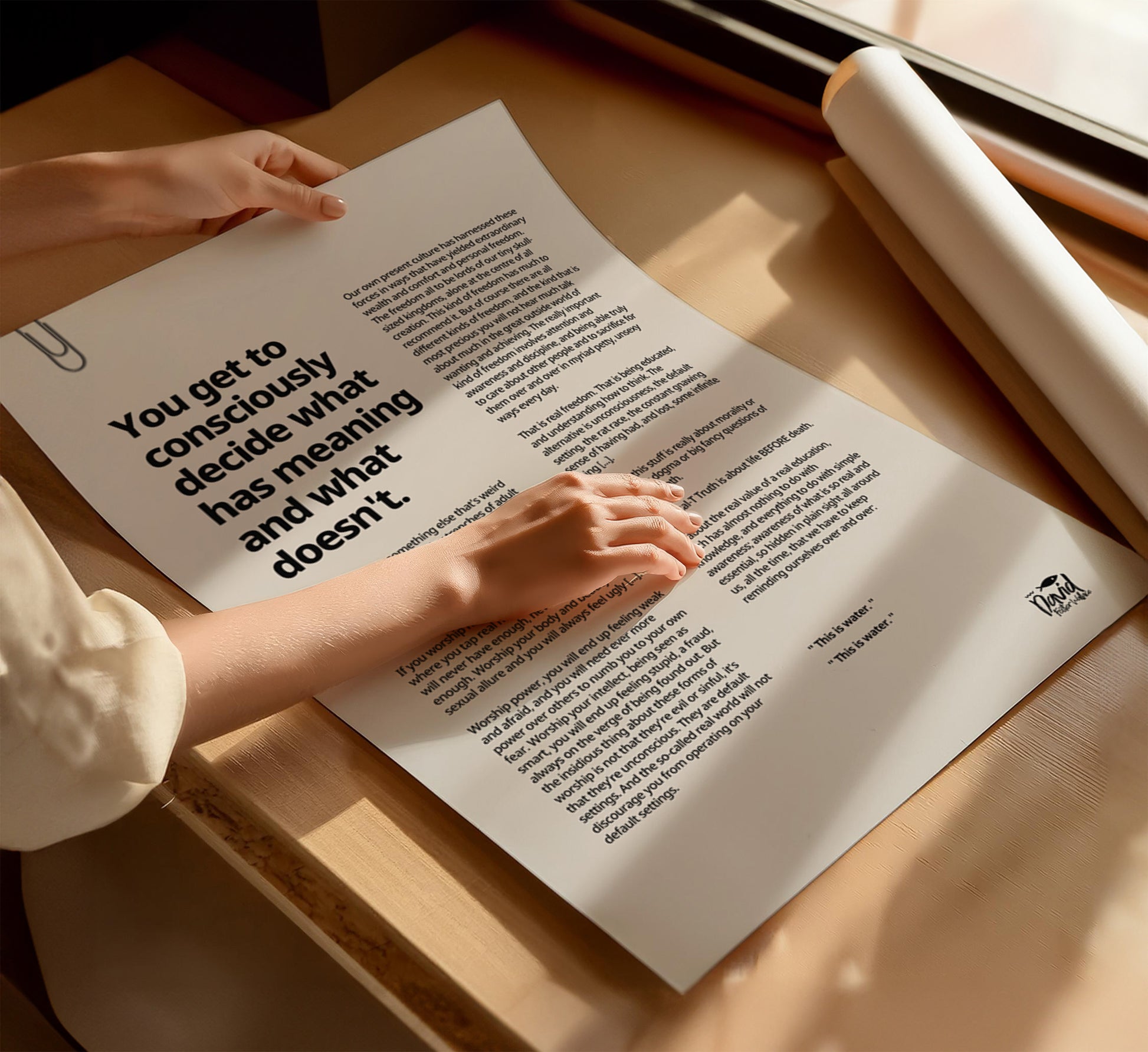 Modern quote poster for home office featuring David Foster Wallace’s This Is Water