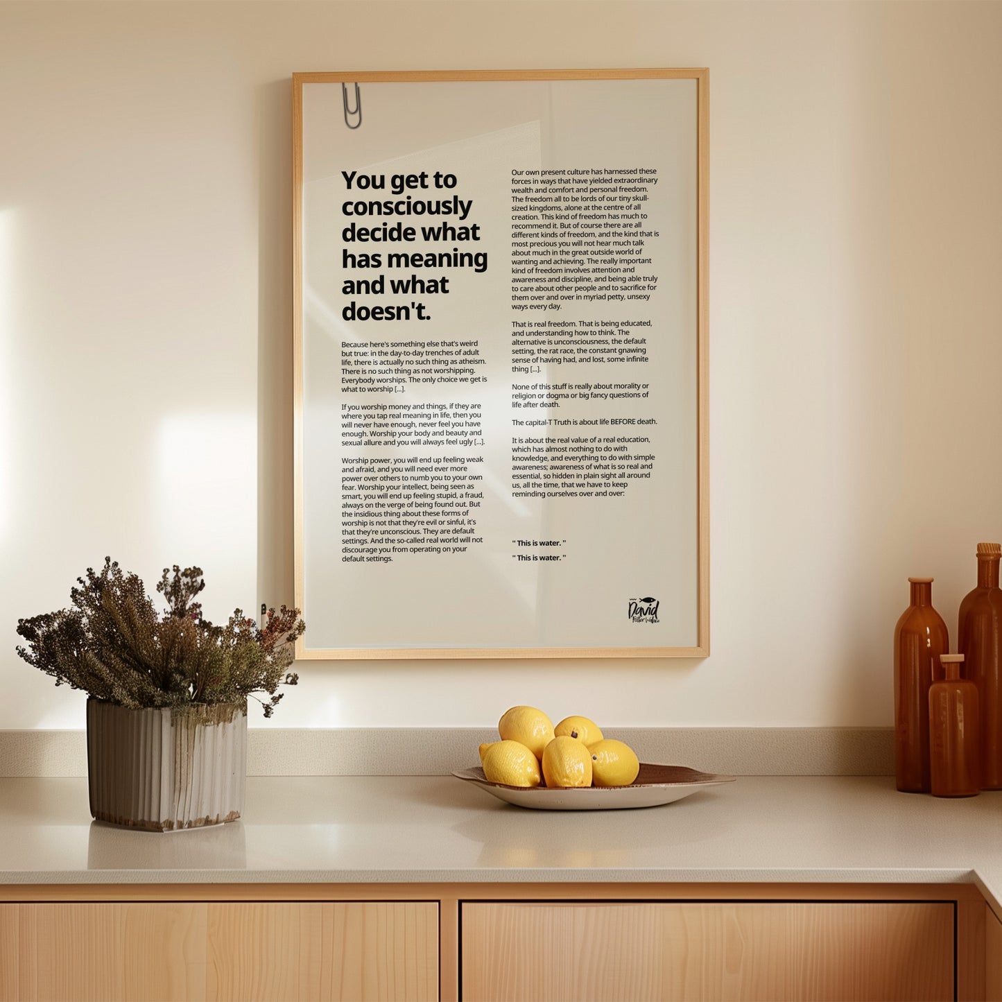 Minimalist typographic poster featuring the quote “This Is Water” by David Foster Wallace, kitchen print framed.