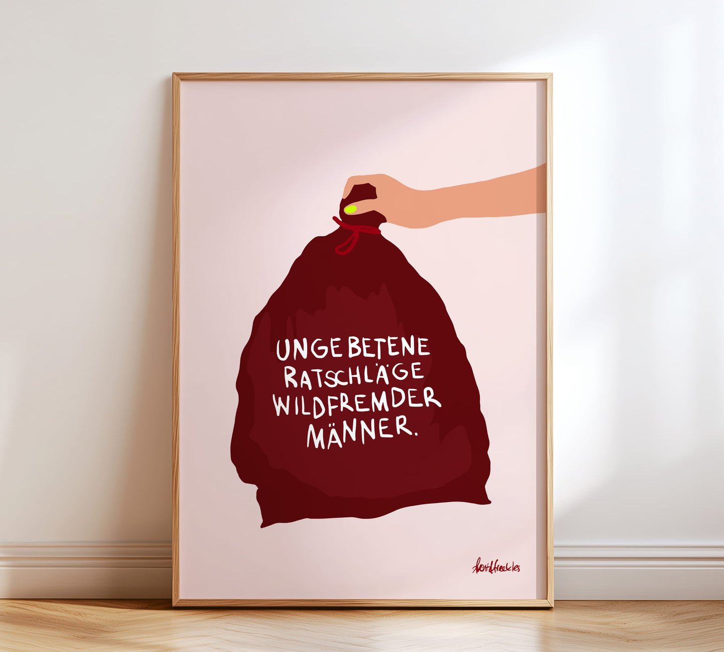 Feminismus Poster mit der Aufschrift „Ungebetene Ratschläge wildfremder Männer“ in Rot und Pink