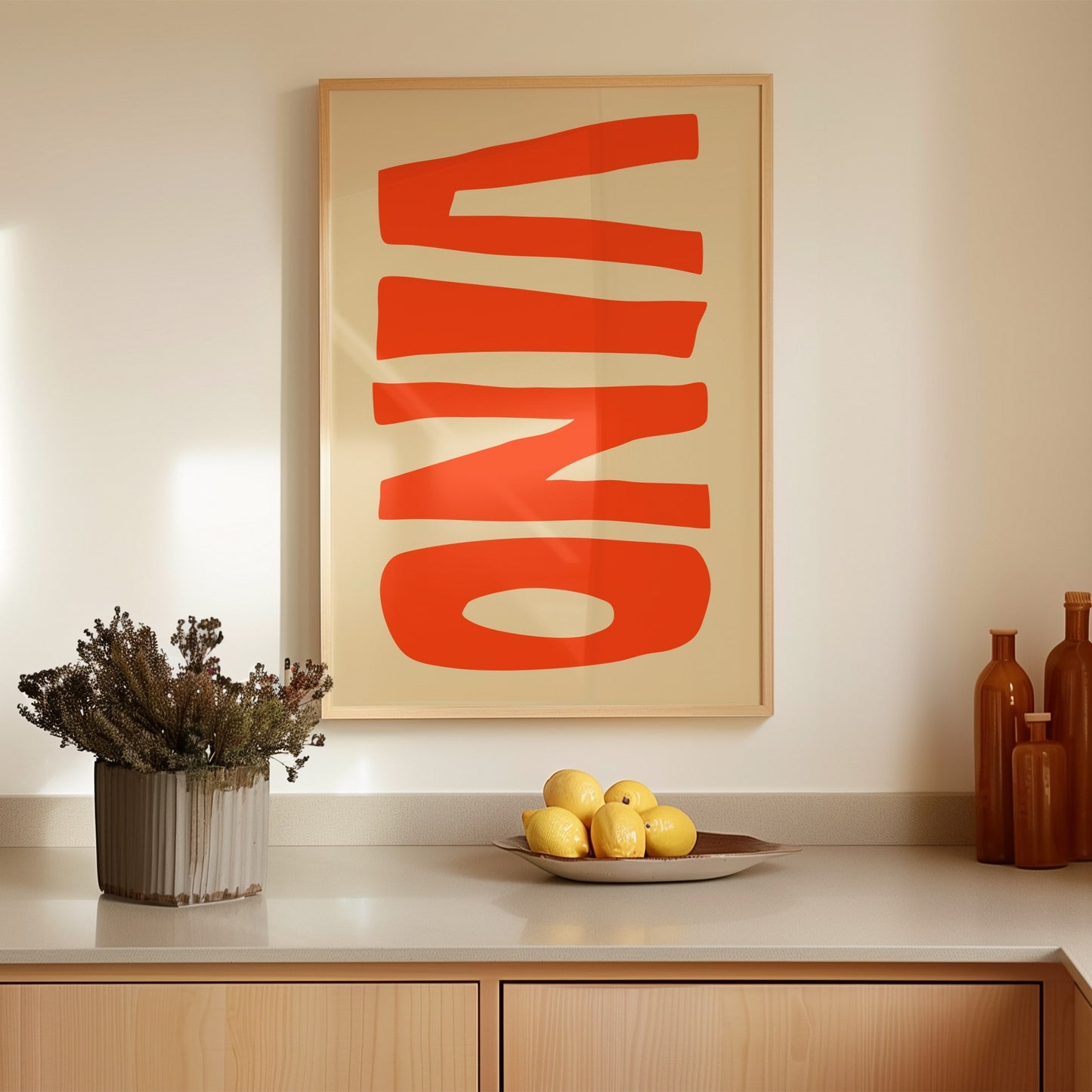 Minimalist kitchen poster with orange handwritten "Vino" on warm beige background.