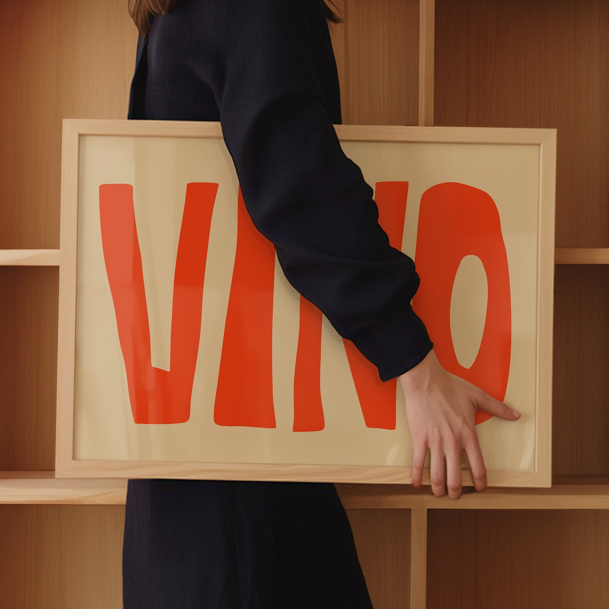 Modern handwritten typography poster with "VINO" lettering, orange text or beige background.