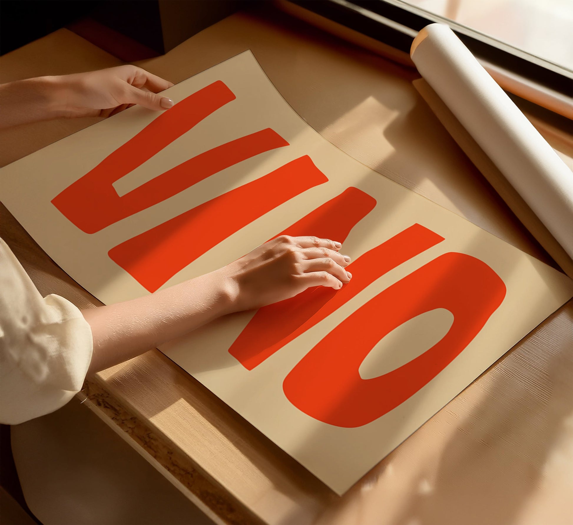 A woman touching a minimalist beige poster with the Italian word “VINO", in bold orange letters, on a soft warm beige background.