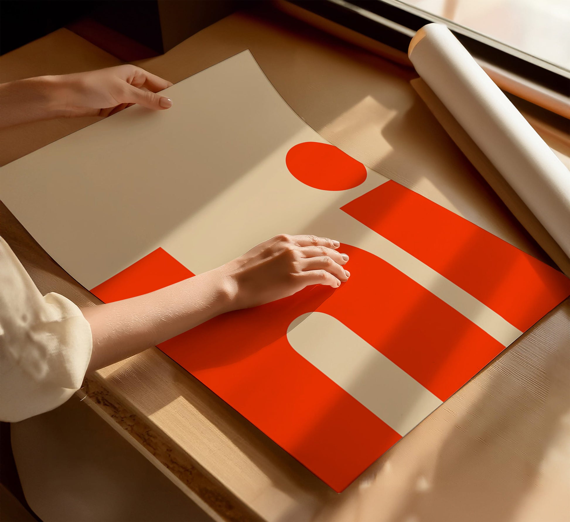 Wanddeko Flur minimalistisch mit schlichtem Schriftzug "Hi" in knalligem Orange
