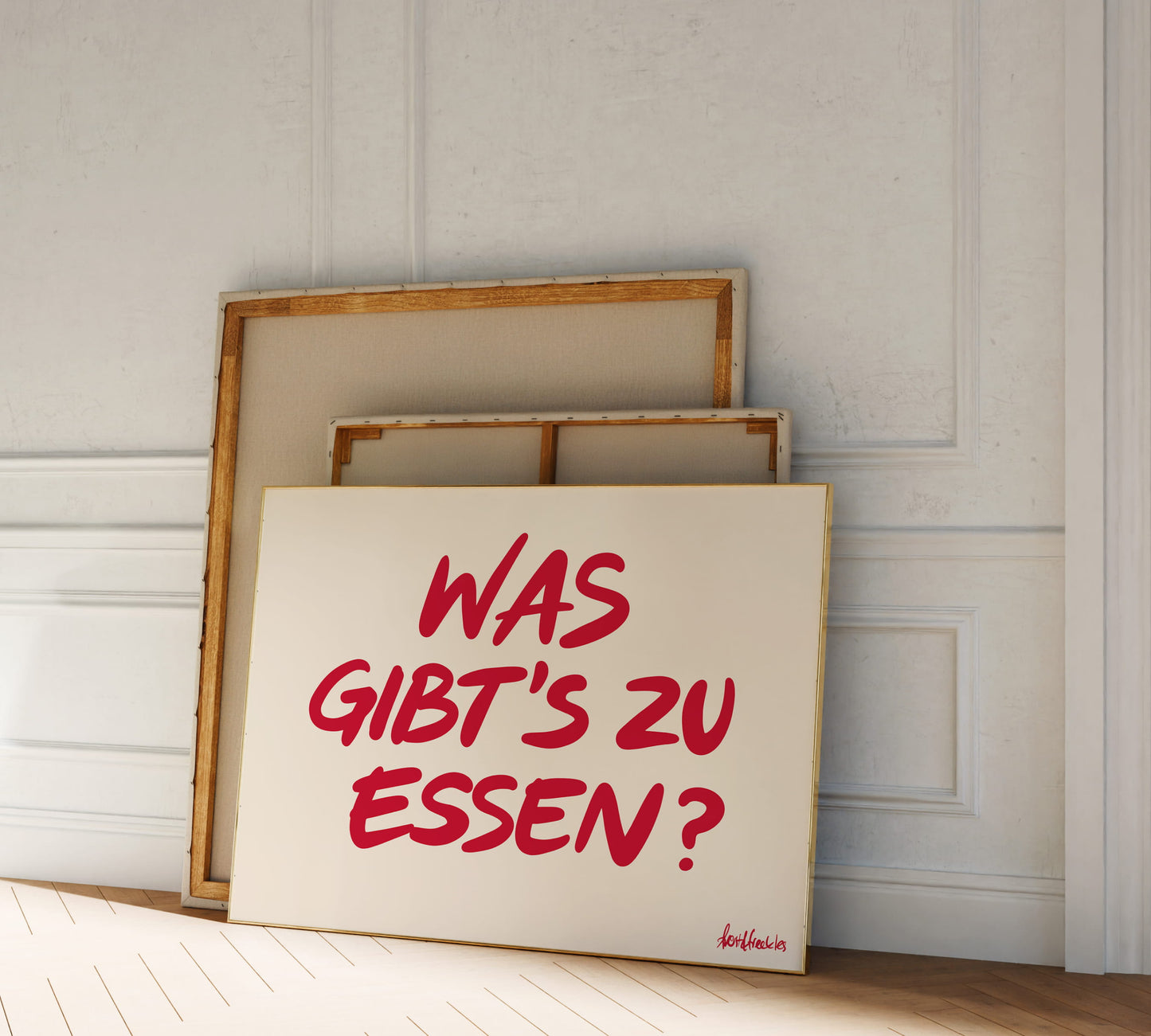 Minimalistische Kitchen Wall Art mit lustigem Text "Was gibt's zu essen?"
