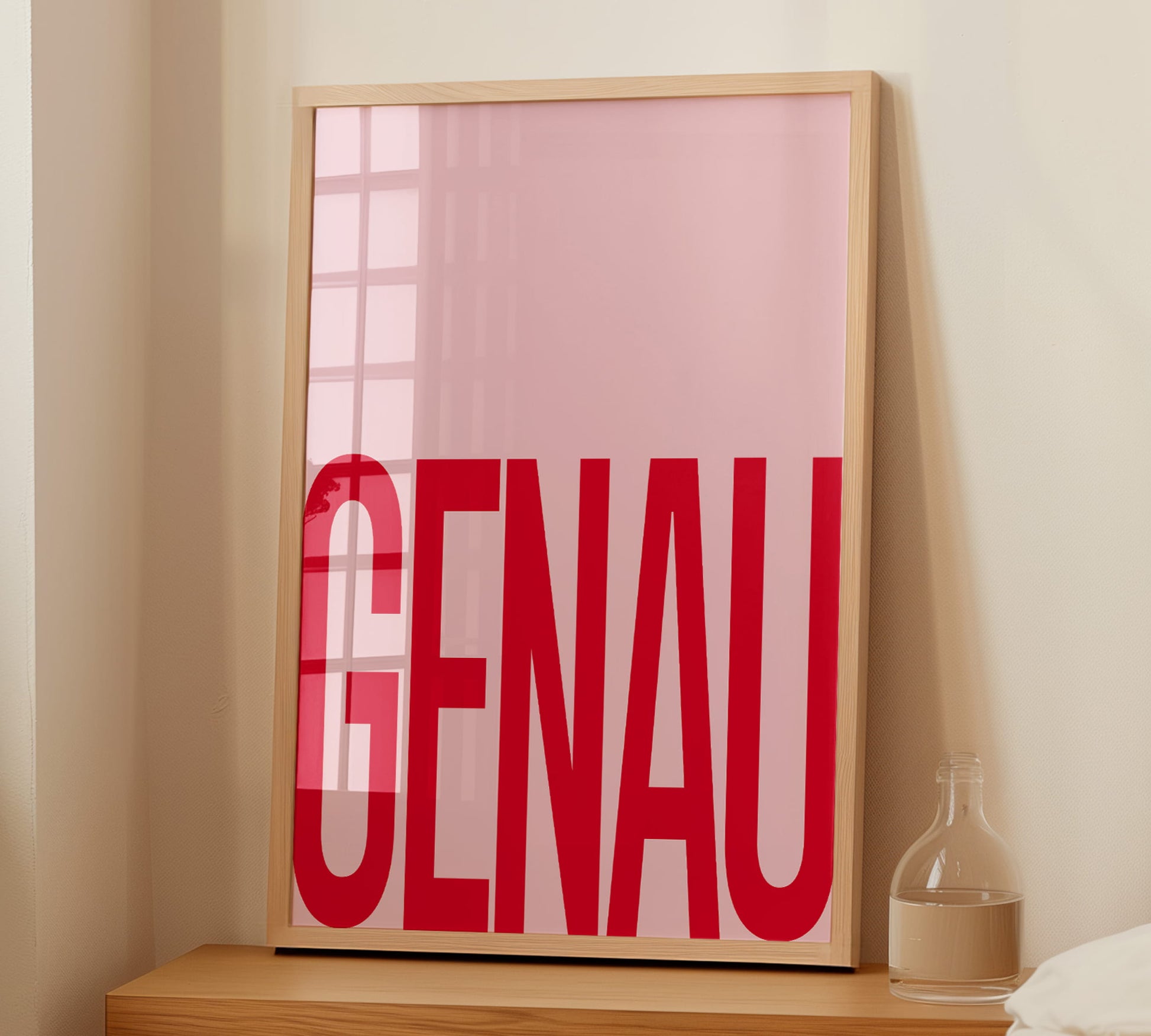 Witziges Poster mit Aufschrift "Genau" in den Farben Pink und Rot